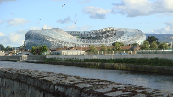 A stadium next to a river.