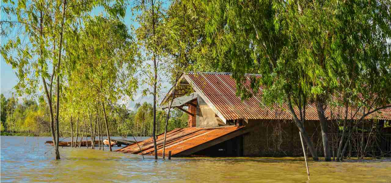 Flood water covers the first storey of a building as a result of the 2008 floods in Burma and Southeast Asia
